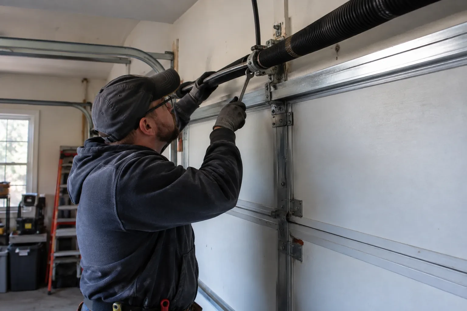 Illustrative garage doors scene; not an actual job