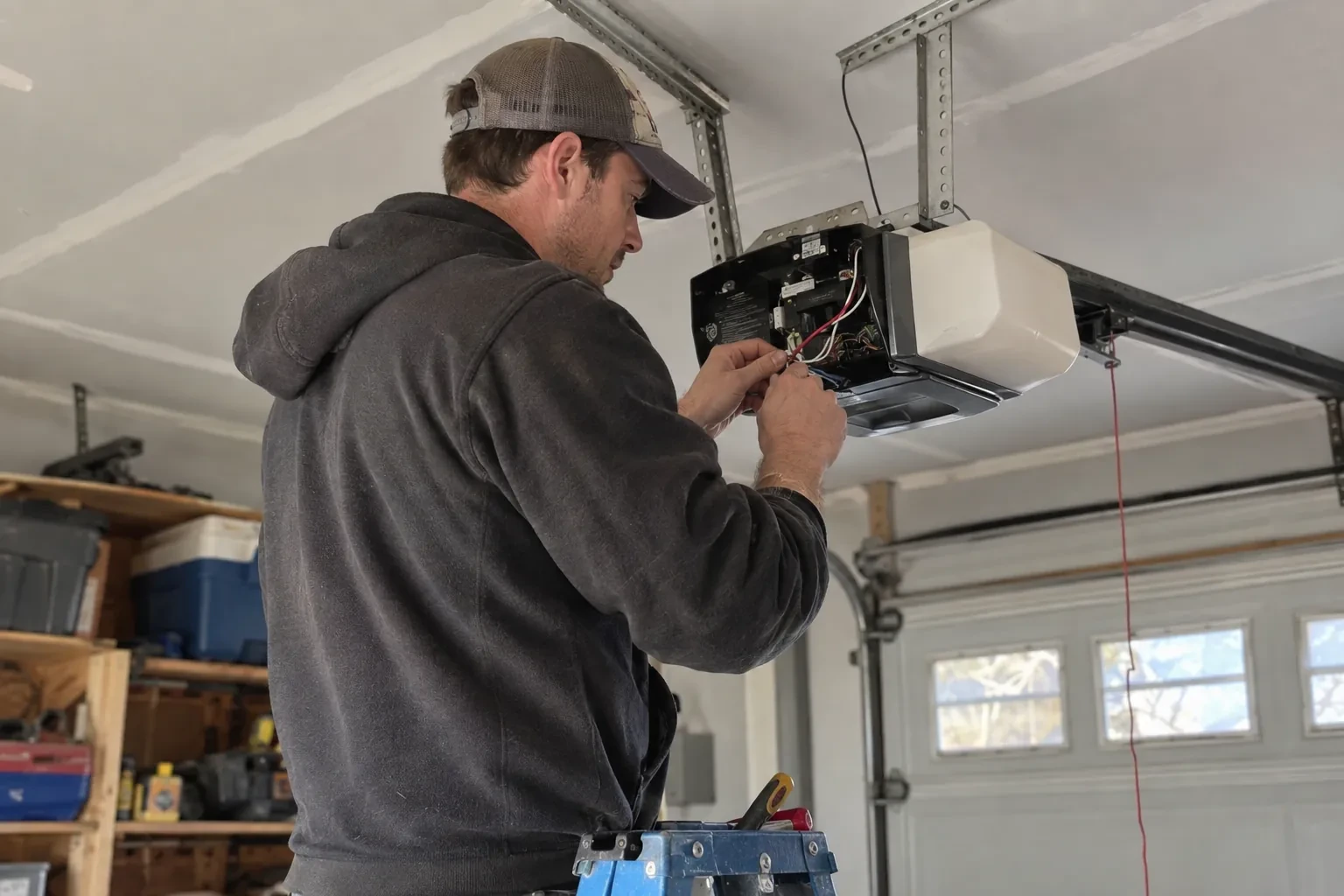 Illustrative garage doors scene; not an actual job