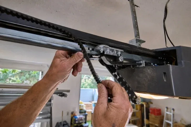 Hands holding a loose toothed belt beside the rail and trolley of an overhead garage-door opener. — Belt-Drive Opener Repair, Wilmot