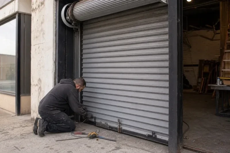 Person kneeling beside the bottom of a metal rolling door with tools on the ground — Commercial Rolling Door Repair, Wilmot