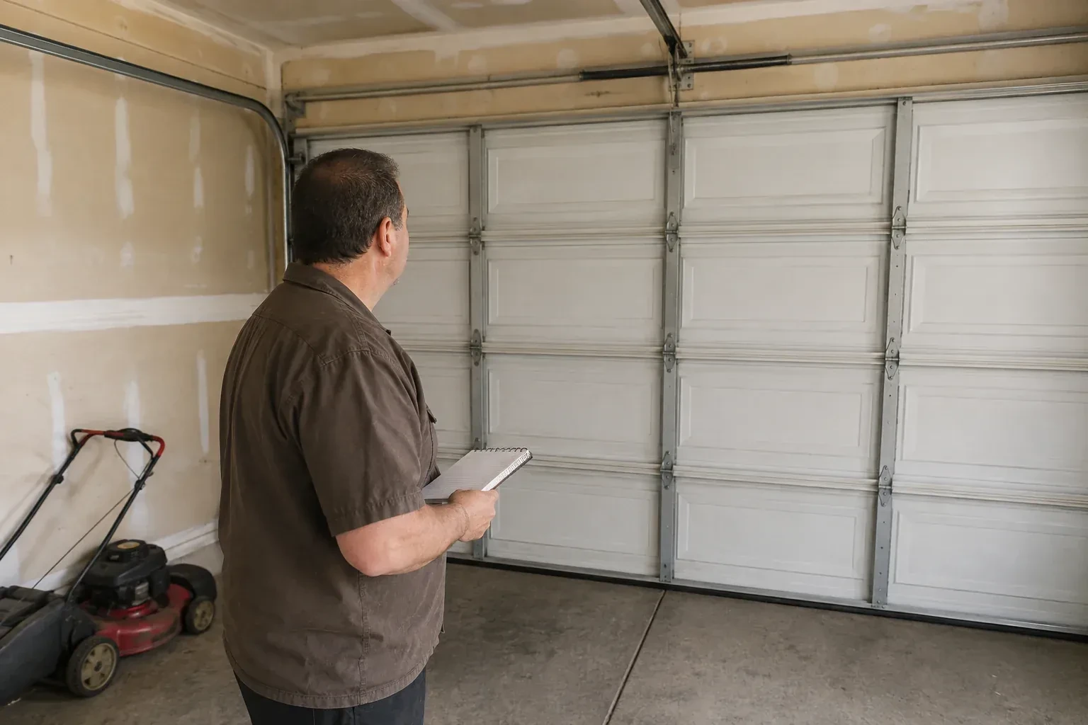 Technician holding a notebook while looking at a closed sectional door. — Garage Door Balance Adjustment, Wilmot
