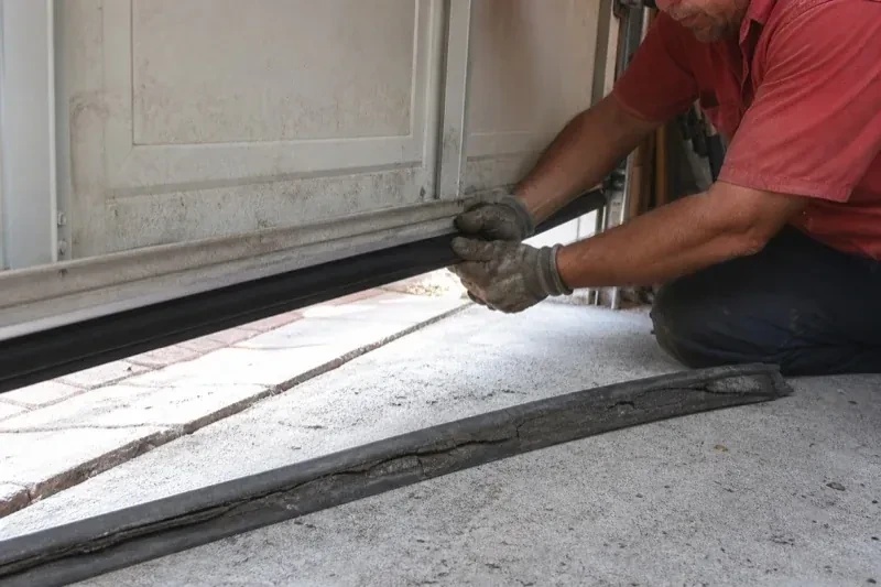 Person fitting a black strip along the bottom edge of a partly raised garage door, with a cracked strip lying on the floor. — Garage Door Bottom Seal Replacement, Wilmot