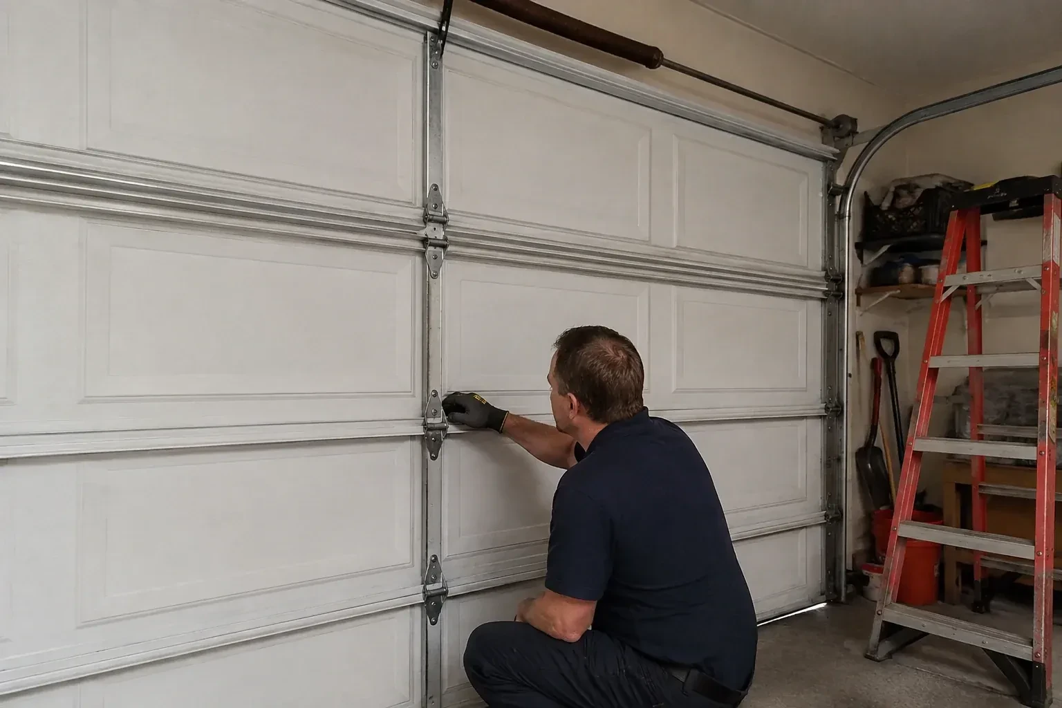 A person examines a central hinge joining two sections of a closed garage door. — Garage Door Hinge Replacement, Wilmot