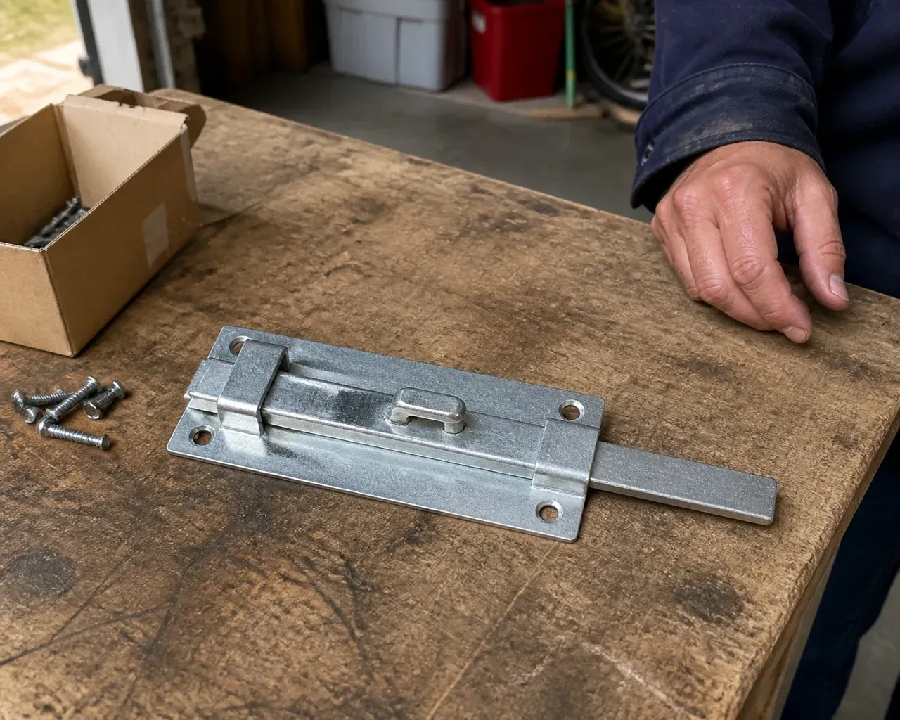 A detached metal slide bolt with mounting holes and retaining guides rests beside screws on a workbench. — Garage Door Manual Lock Repair, Wilmot
