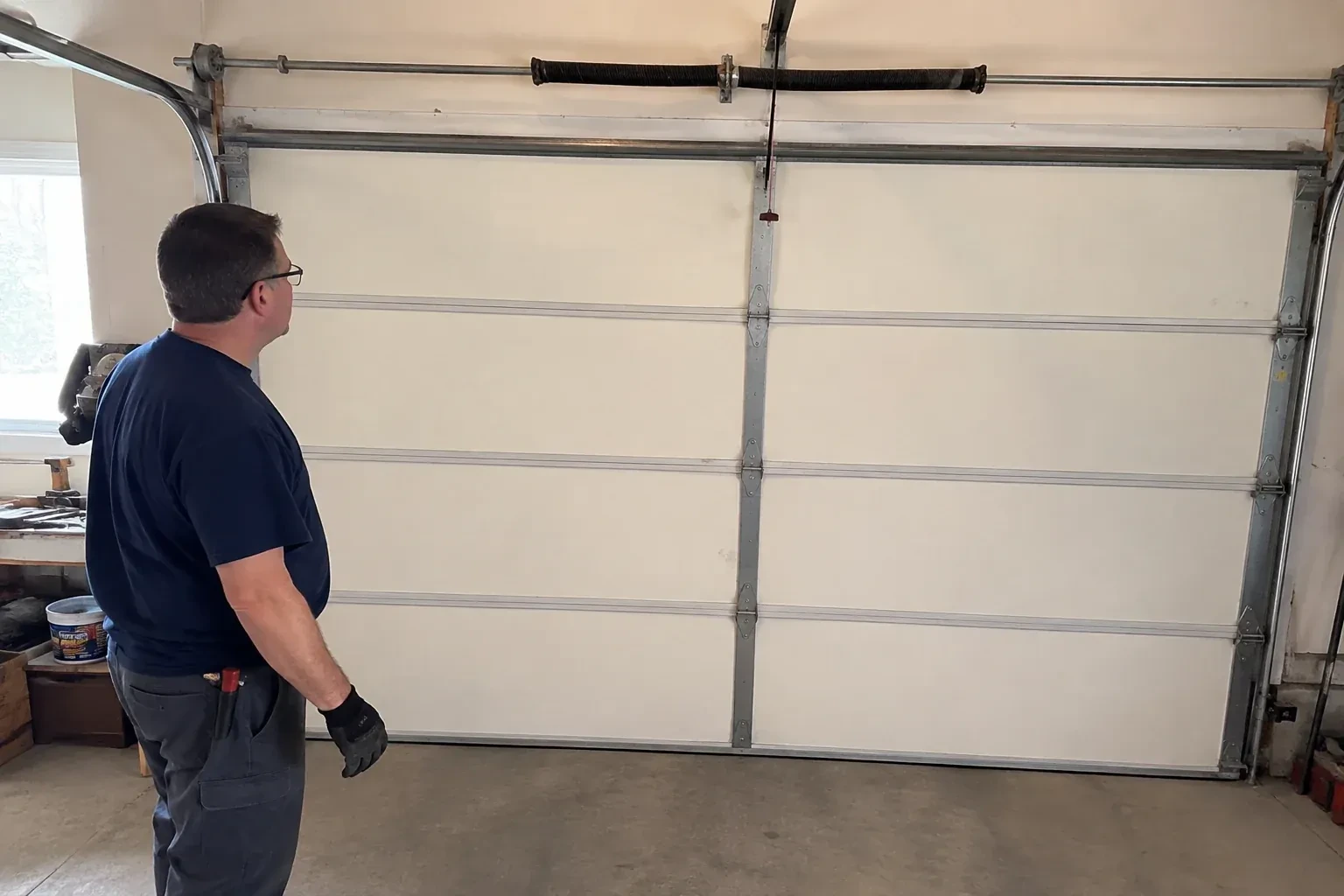 Illustrative garage doors scene; not an actual job — Off-Track Garage Door Reset, Wilmot
