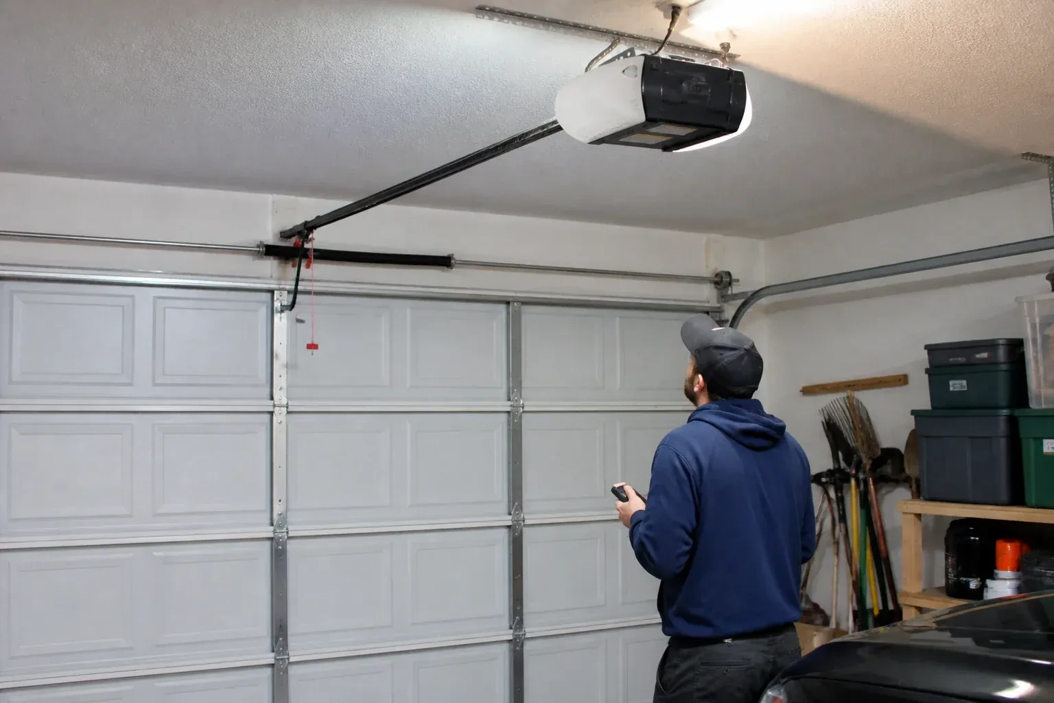 A person holding a remote looks toward an overhead garage-door opener and rail. — Garage Door Opener Diagnosis and Repair, Wilmot