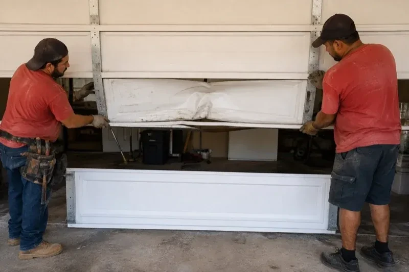 Two people holding a dented lower garage-door section above a separate white panel resting on the ground. — Garage Door Panel Replacement, Wilmot