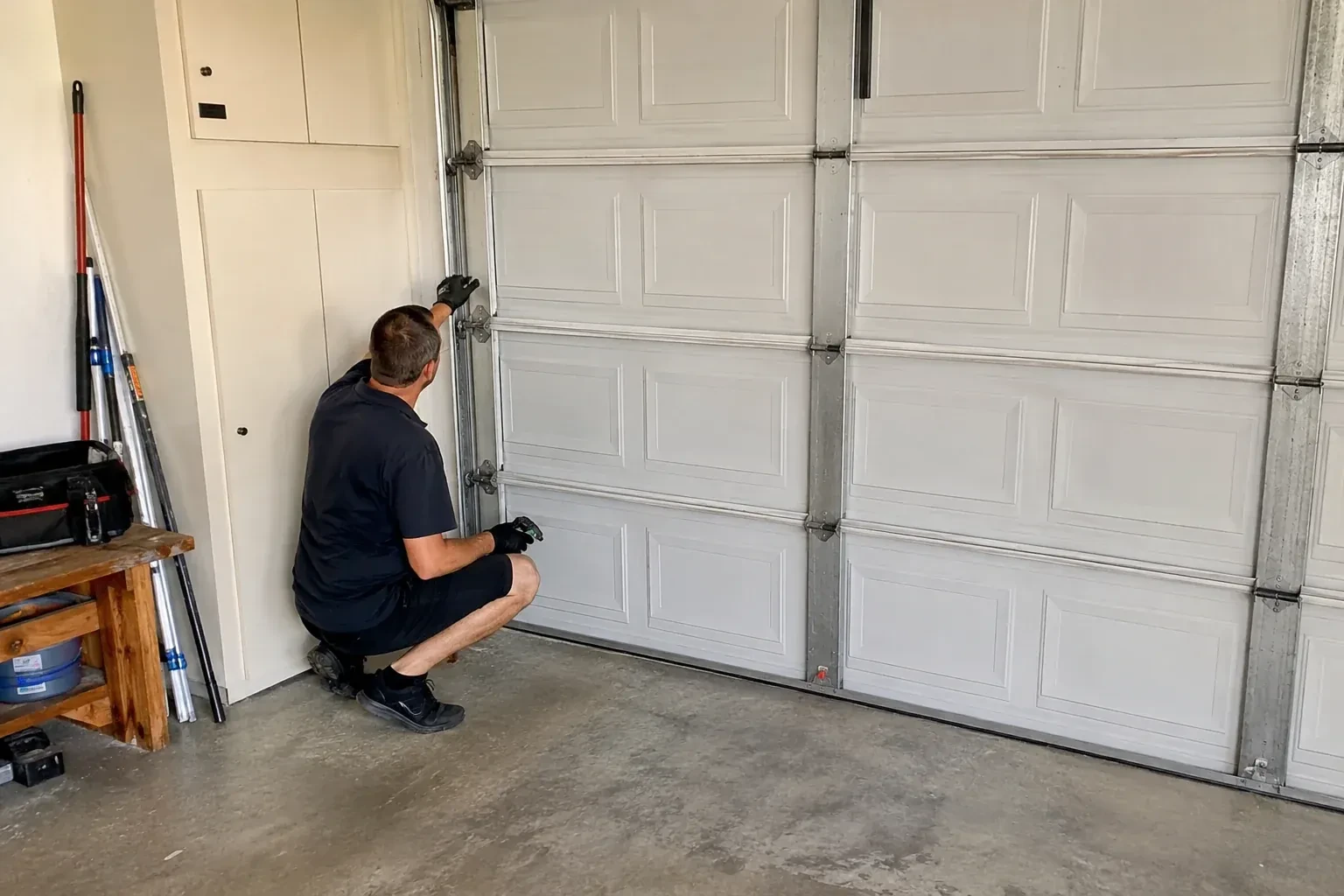 A person kneels beside the side track and hinges of a closed sectional garage door. — Garage Door Safety Inspection, Wilmot