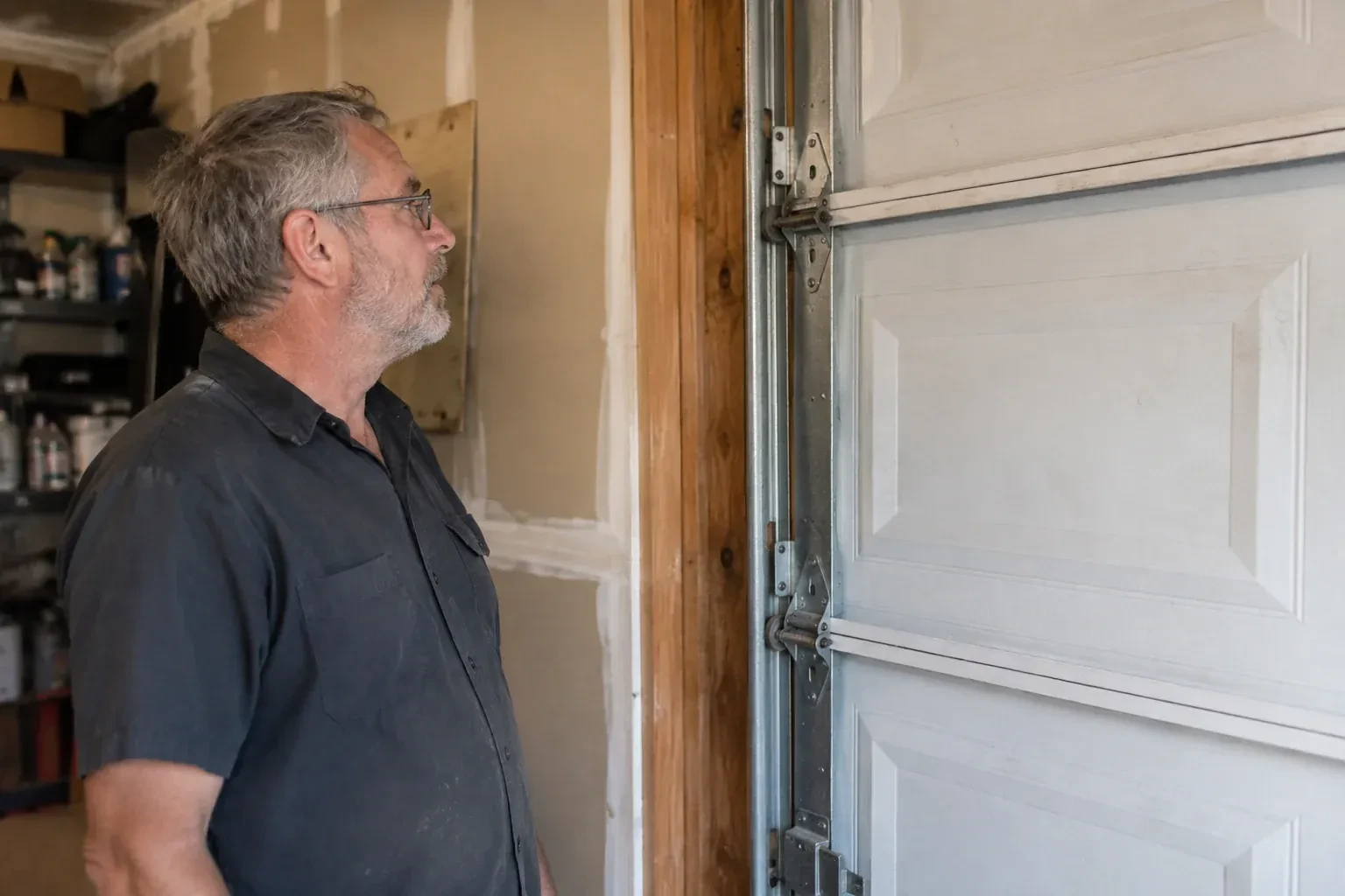 Technician looking at vertical garage door track and edge hinges. — Garage Door Track Repair or Replacement, Wilmot