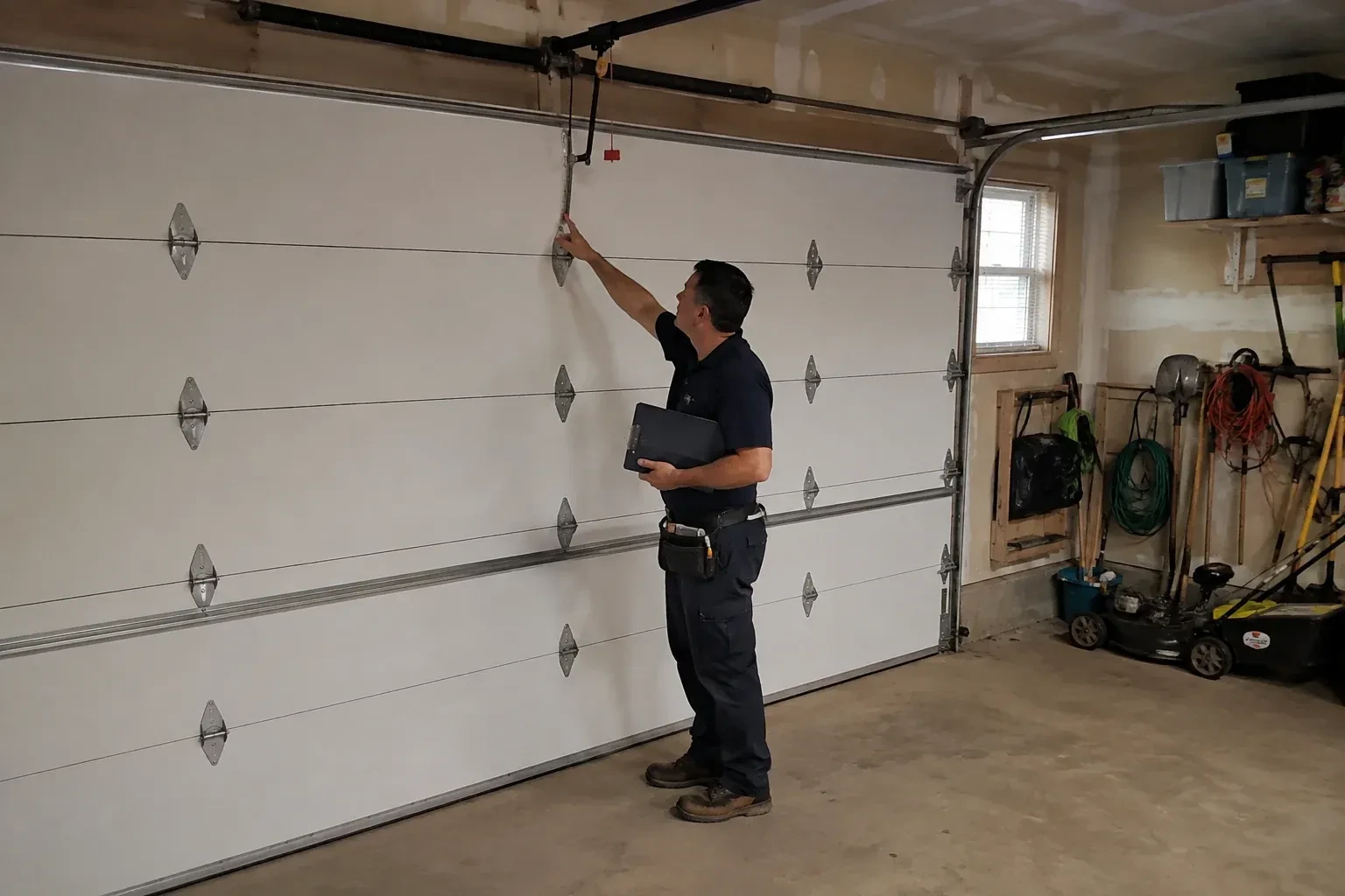 A person holding a clipboard examines the interior hardware of a closed garage door. — Garage Door Tune-Up, Wilmot