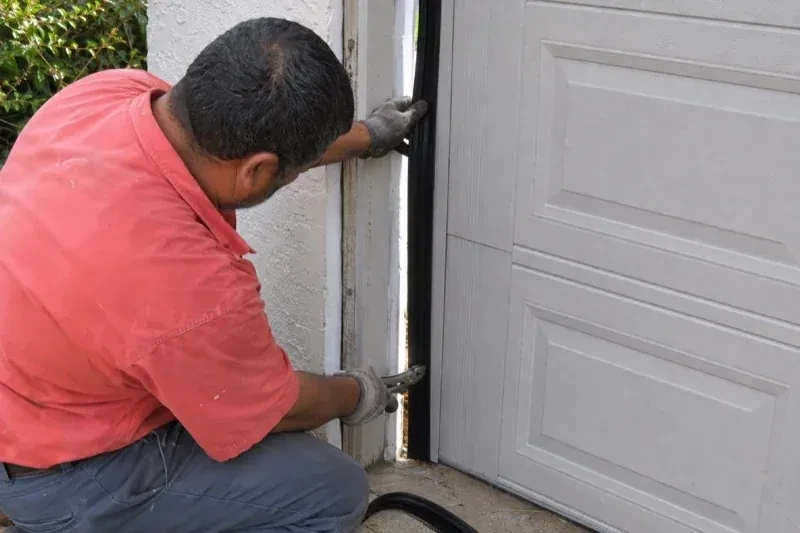 Gloved person holding a black strip along the side of a sectional garage-door opening — Garage Door Perimeter Weatherstrip, Wilmot