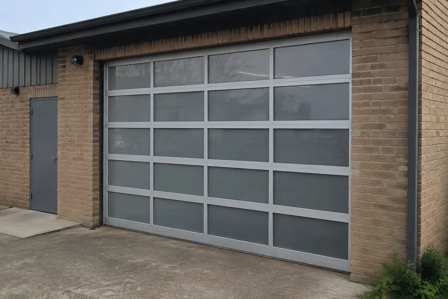 Closed glazed sectional door in a grey metal frame at a brick workshop. — Full-View Glass Garage Door Installation, Wilmot