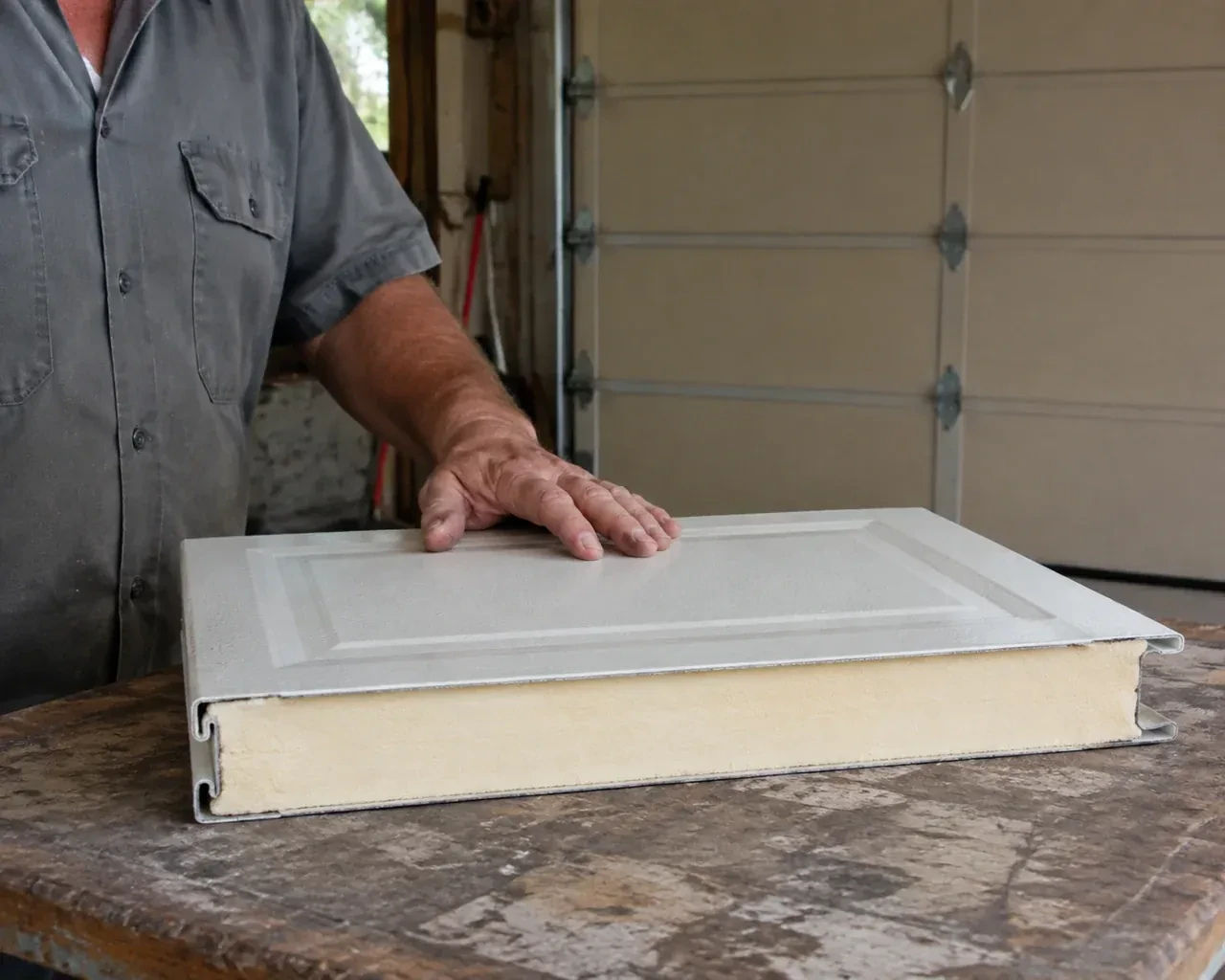 A panel sample exposes a cream foam core between thin metal faces on a garage workbench. — Insulated Steel Garage Door Installation, Wilmot