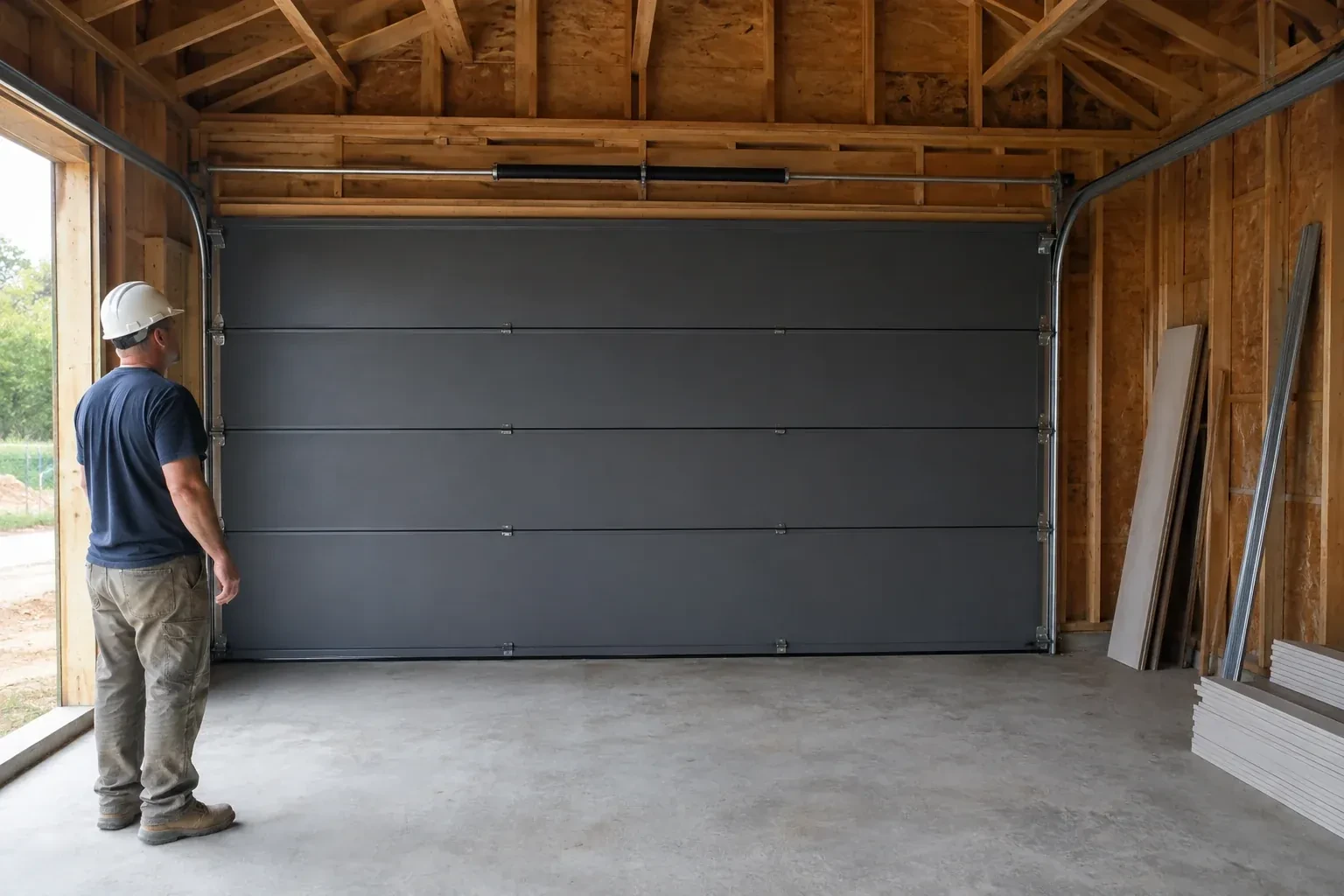 A person wearing a hard hat stands beside a dark sectional door in an unfinished timber-framed garage. — New-Construction Garage Door Installation, Wilmot