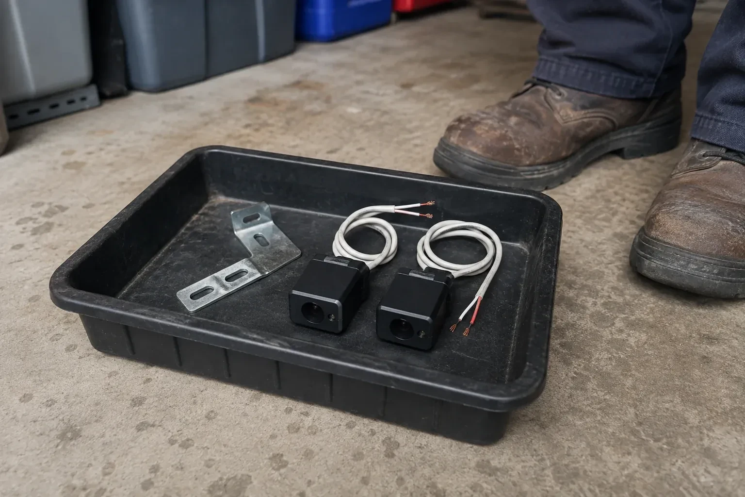 Two detached black sensors with recessed lenses and coiled wires lie in a tray beside a mounting bracket. — Photo-Eye Sensor Alignment or Replacement, Wilmot