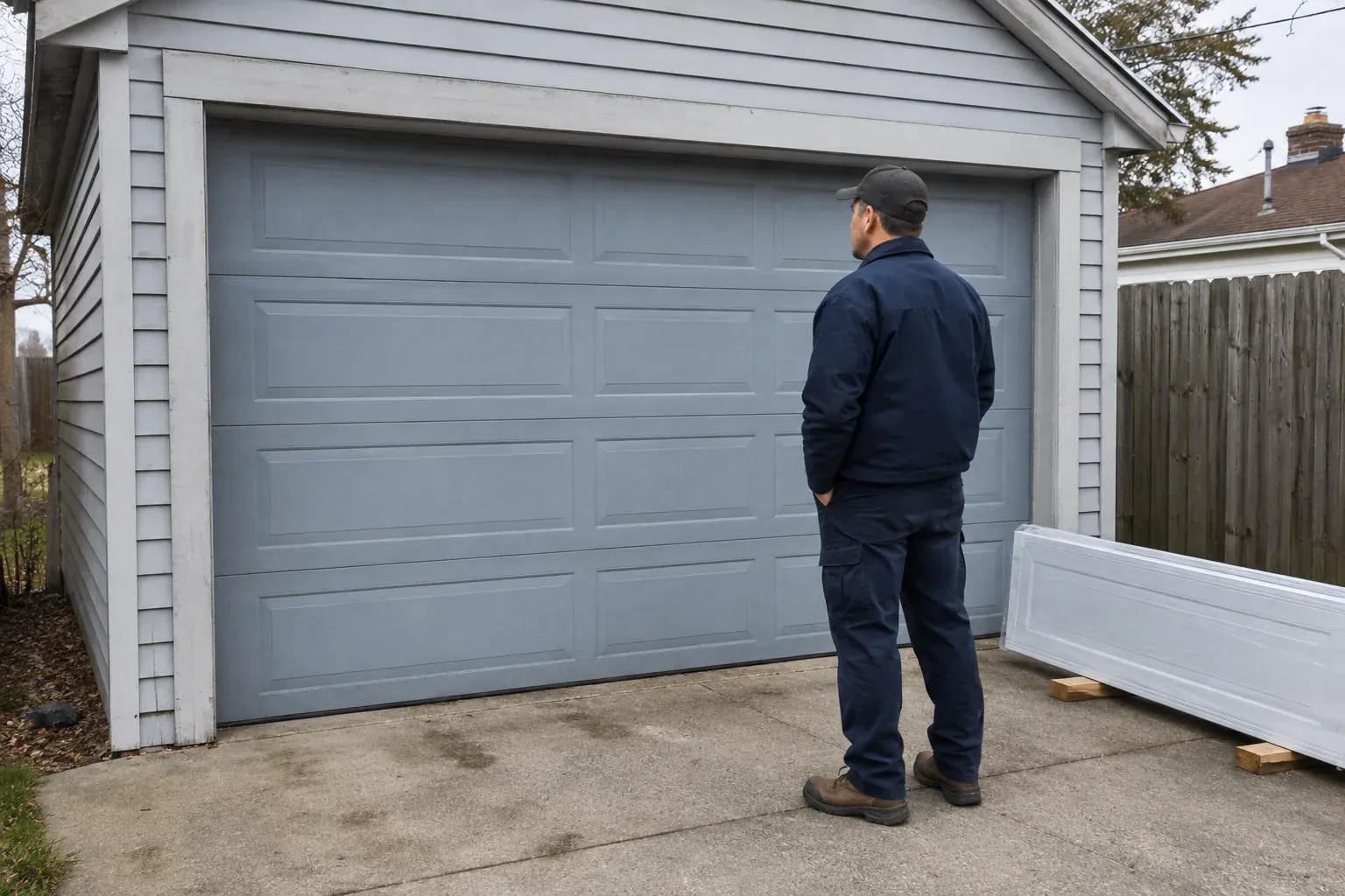 A person examines a blue-grey sectional garage door with a packaged door panel resting beside the driveway. — Sectional Garage Door Replacement, Wilmot