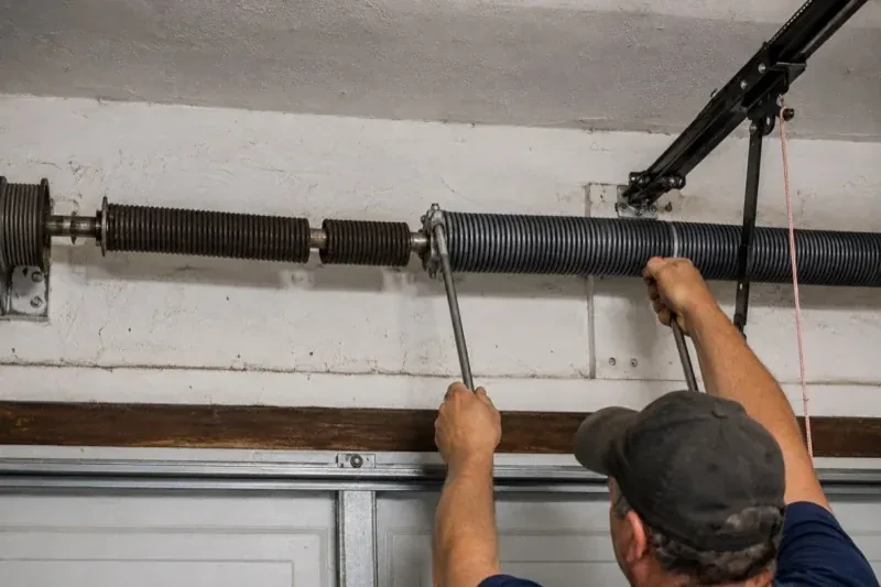 Person holding metal bars beside exposed coiled springs above a garage door. — Torsion Spring Replacement, Wilmot